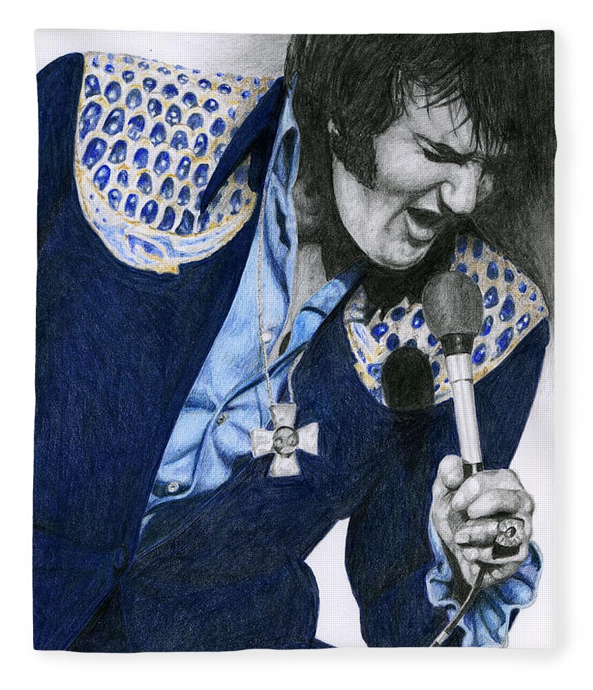 Elvis Fleece Blanket featuring the drawing 1975 Dark Blue Two Piece Suit Blue Gold Ornaments by Rob De Vries