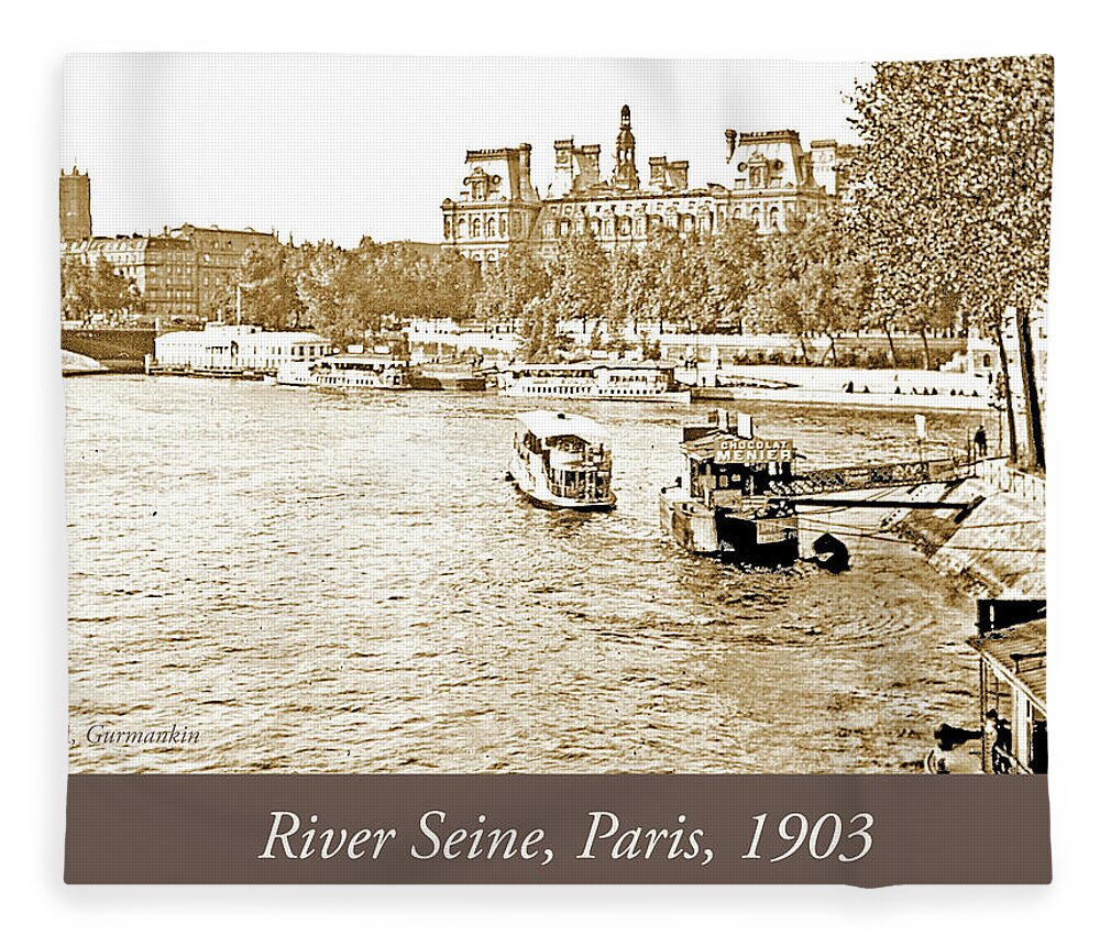 Boats Fleece Blanket featuring the photograph Boats in the Seine River, Paris, 1903, Vintage Photograph #3 by A Macarthur Gurmankin