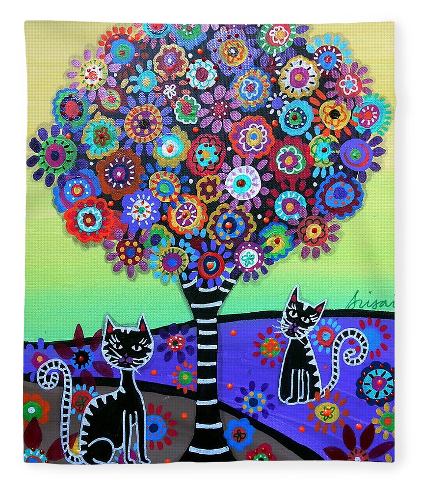 Tree Fleece Blanket featuring the painting 2 Cats Whimsical by Pristine Cartera Turkus