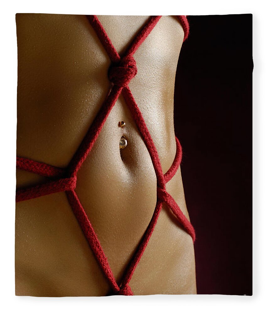 Bondage Fleece Blanket featuring the photograph Closeup of a Stomach with Decorative Rope Bondage Shibari by Maxim Images Exquisite Prints