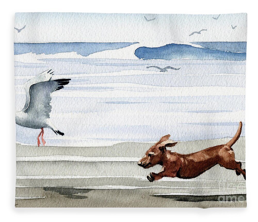 Dachshund Running Playing Seagull Beach Ocean Waves Shore Pet Dog Breed Canine Art Print Artwork Painting Watercolor Gift Gifts Picture Fleece Blanket featuring the painting Dachshund at the Beach #7 by David Rogers