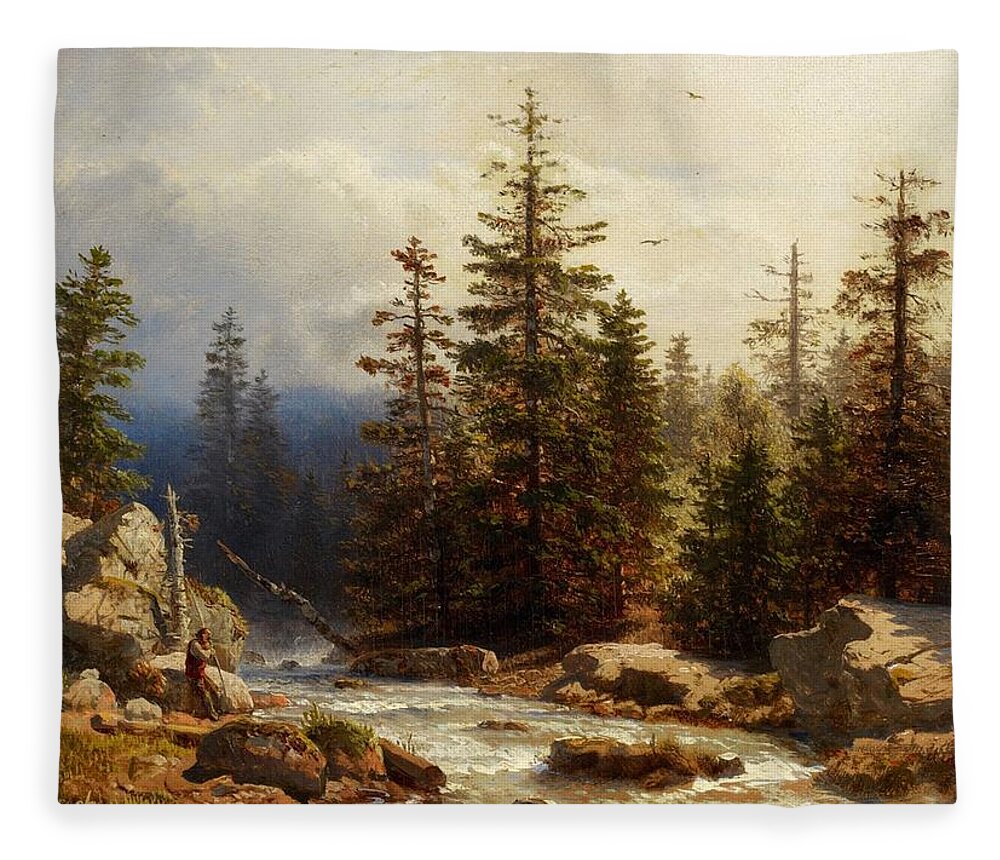 Andreas Achenbach Fleece Blanket featuring the painting Forest Landscape with an Angler by MotionAge Designs