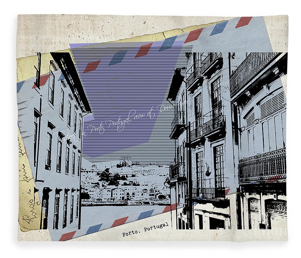 Porto Fleece Blanket featuring the digital art stylish retro postcard of Porto #4 by Ariadna De Raadt