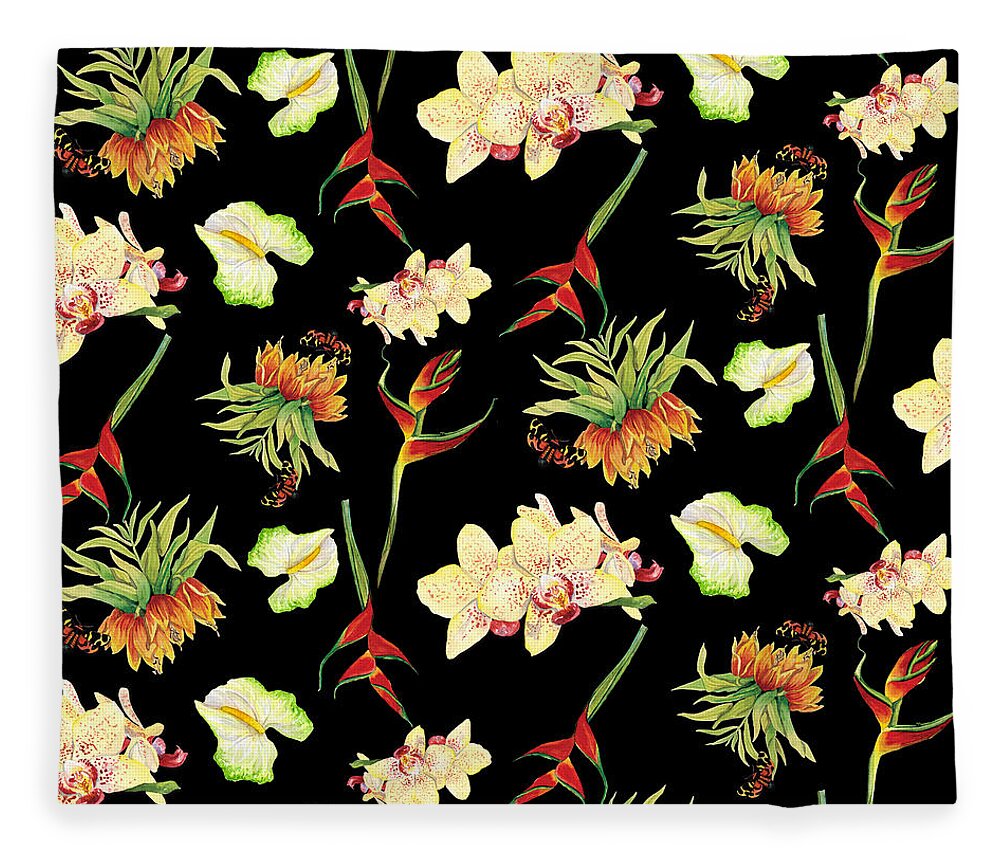 Orchid Fleece Blanket featuring the painting Tropical Island Floral Half Drop Pattern by Audrey Jeanne Roberts