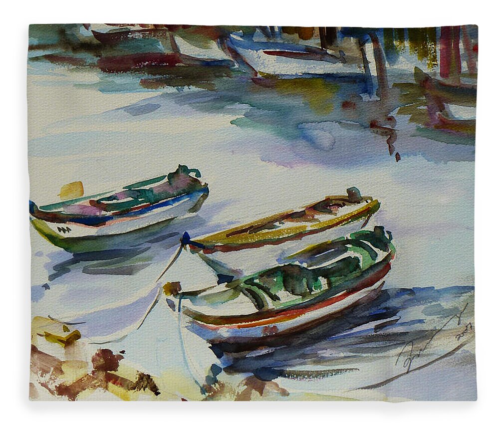 Landscape Fleece Blanket featuring the painting 3 Boats I by Xueling Zou