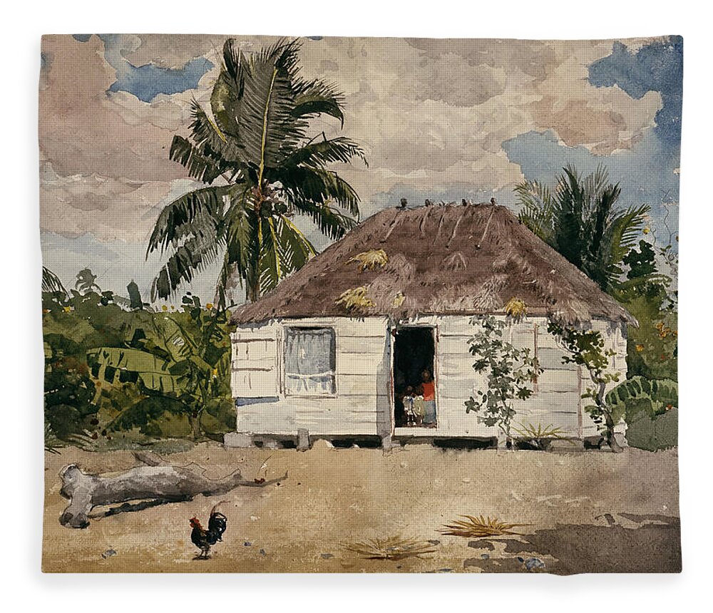 Winslow Homer Fleece Blanket featuring the drawing Native Huts. Nassau #1 by Winslow Homer