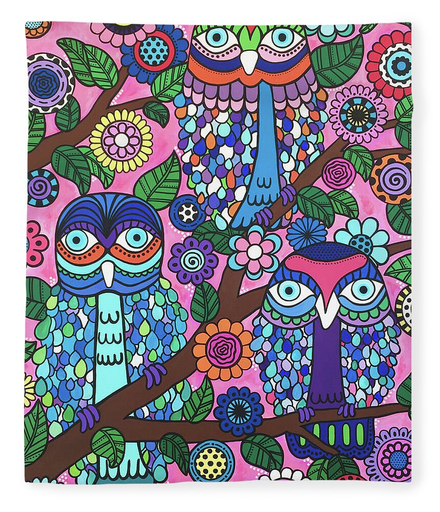 Owls Fleece Blanket featuring the painting 3 Owls by Beth Ann Scott