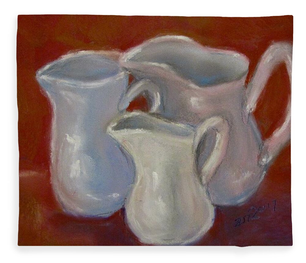 Pitchers Fleece Blanket featuring the pastel 3 White Cream Pitchers by Barbara O'Toole
