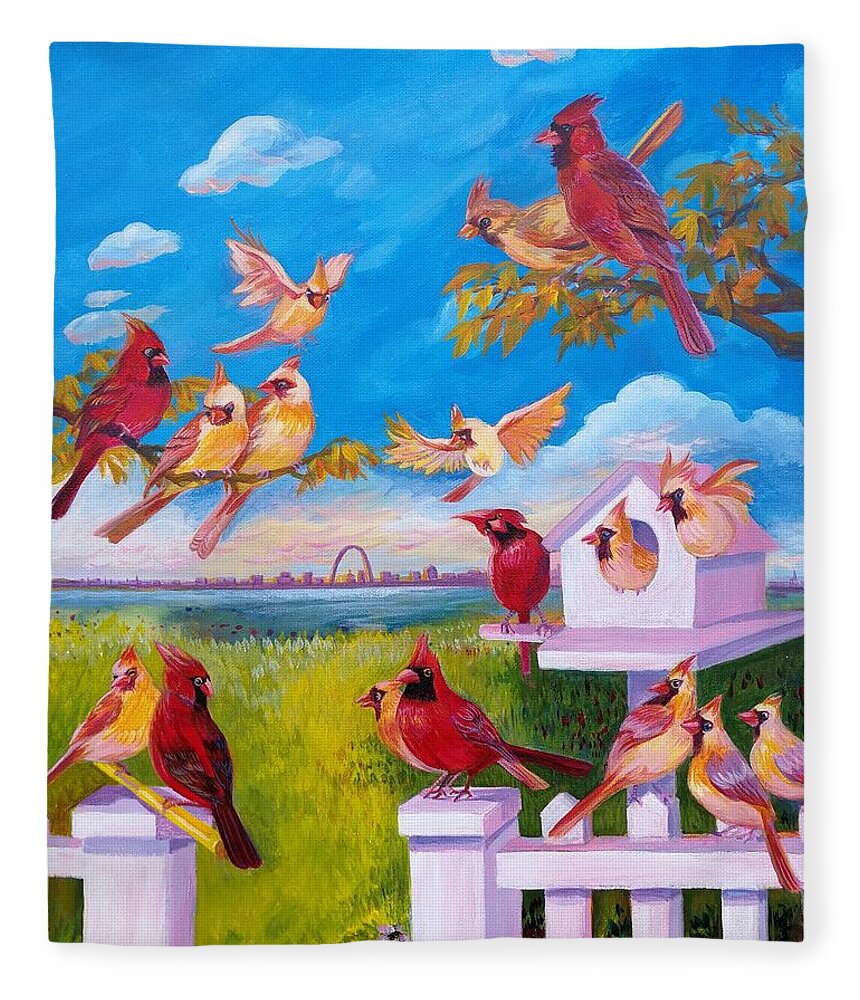 Cardinals Fleece Blanket featuring the painting A happy family #3 by Ping Yan