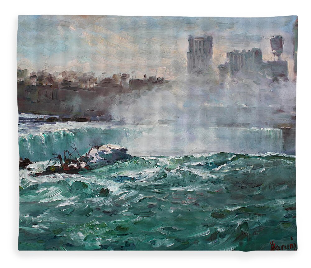 Niagara Falls Landscape Fleece Blanket featuring the painting Niagara Falls #4 by Ylli Haruni