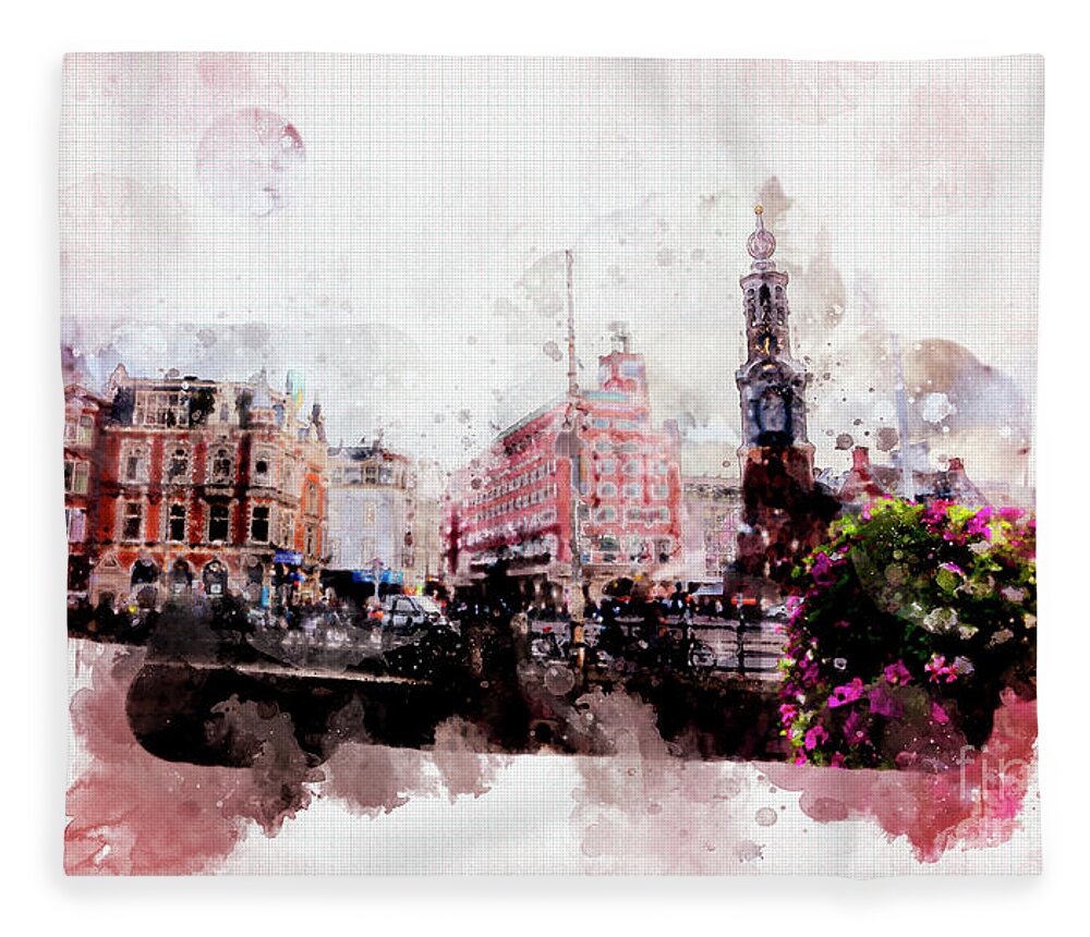 Dutch Fleece Blanket featuring the digital art City Life In Watercolor Style #3 by Ariadna De Raadt