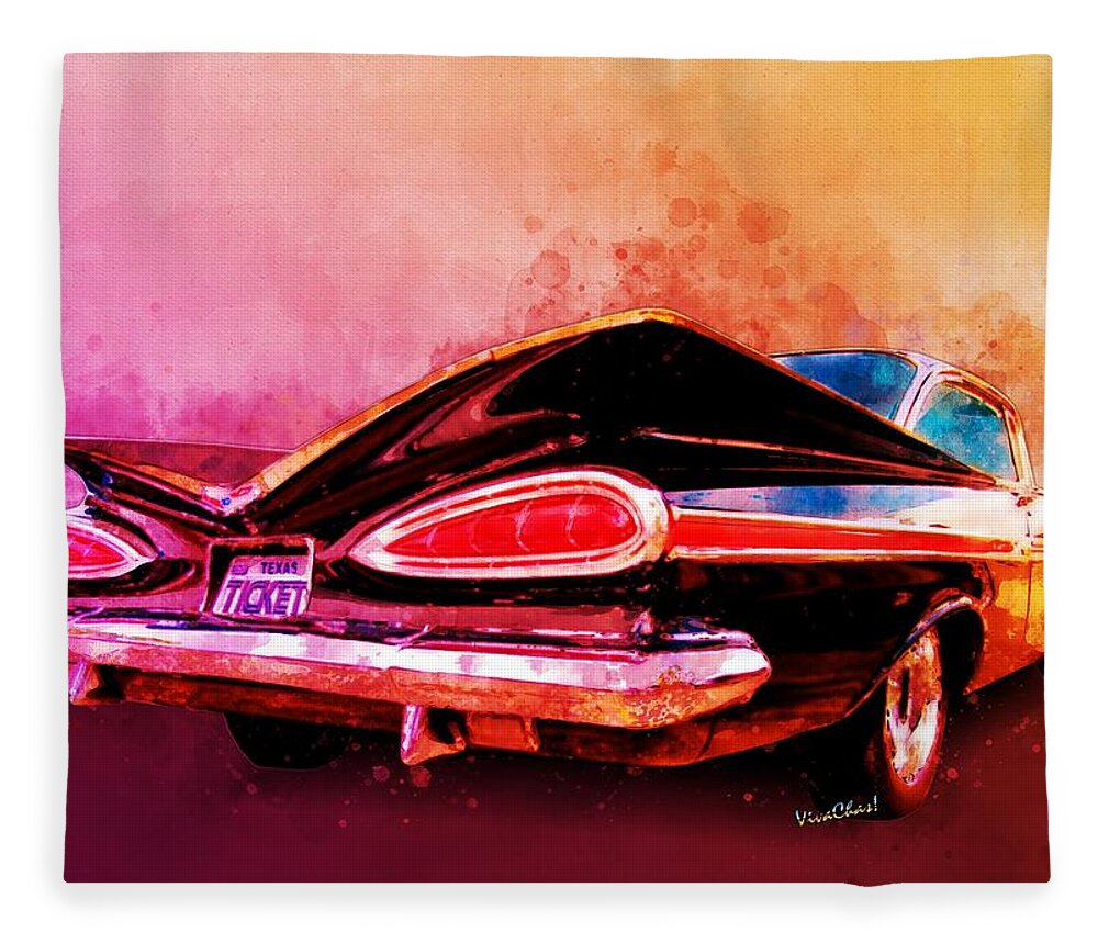 59 Fleece Blanket featuring the digital art 59 Chevy Ticket to Ride Watercolour by Chas Sinklier