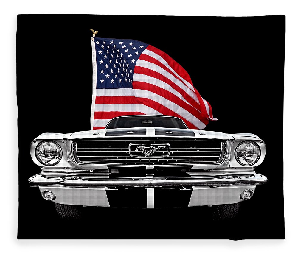 Ford Mustang Fleece Blanket featuring the photograph 66 Mustang With U.S. Flag On Black by Gill Billington