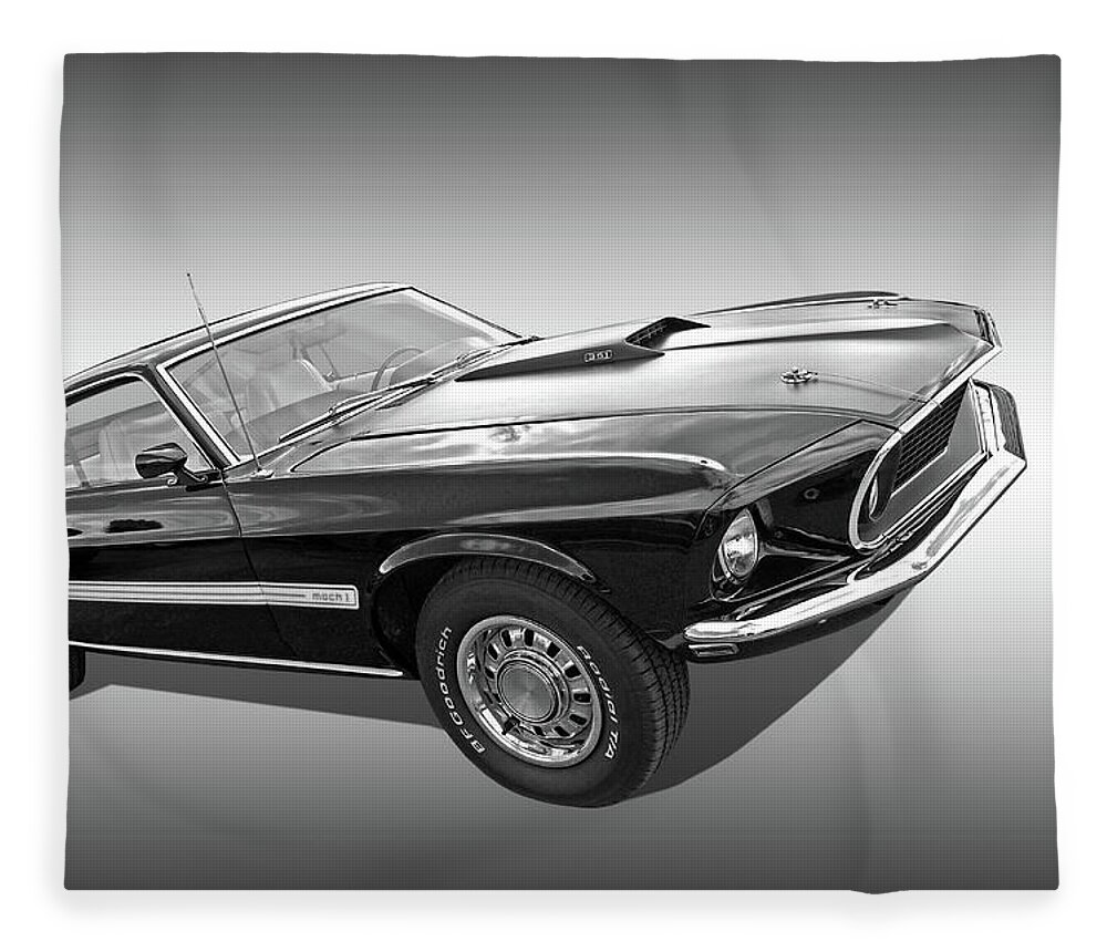 Ford Mustang Fleece Blanket featuring the photograph 69 Mach1 in Black and White by Gill Billington