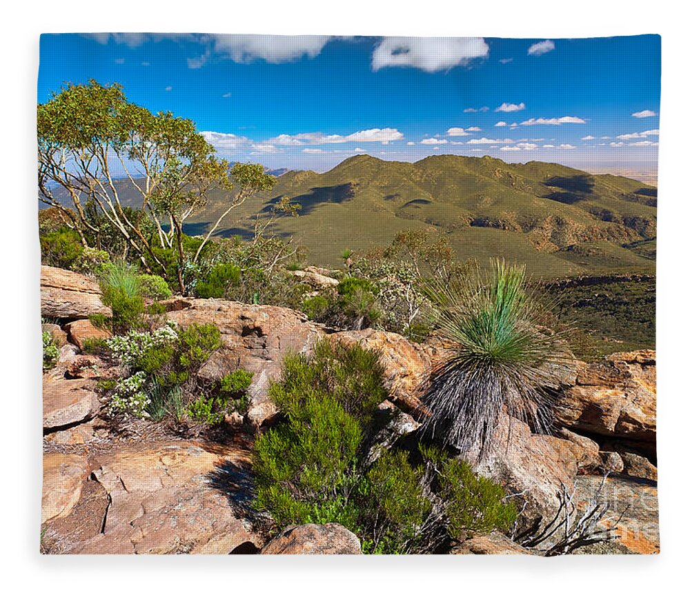Wilpena Pound Flinders Ranges Outback Landscape Landscapes South Australia Australian Gum Trees Mountains Rock Outcrop Fleece Blanket featuring the photograph Wilpena Pound #7 by Bill Robinson