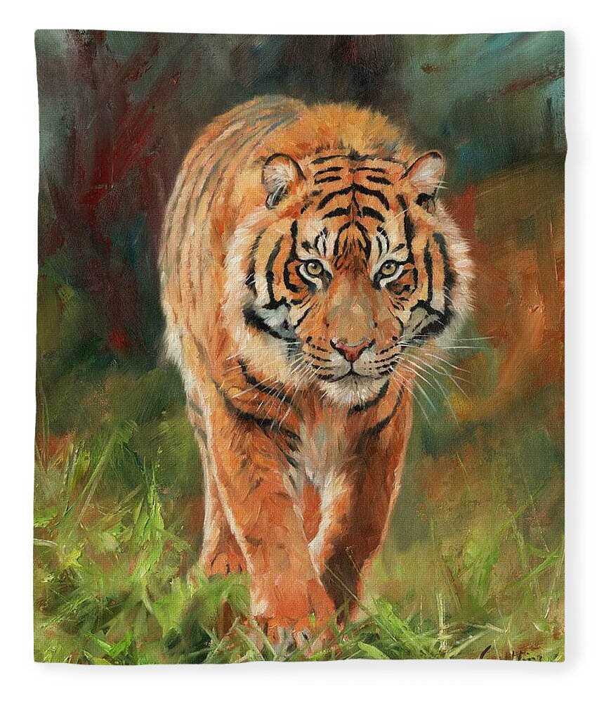 Tiger Fleece Blanket featuring the painting Amur Tiger #9 by David Stribbling
