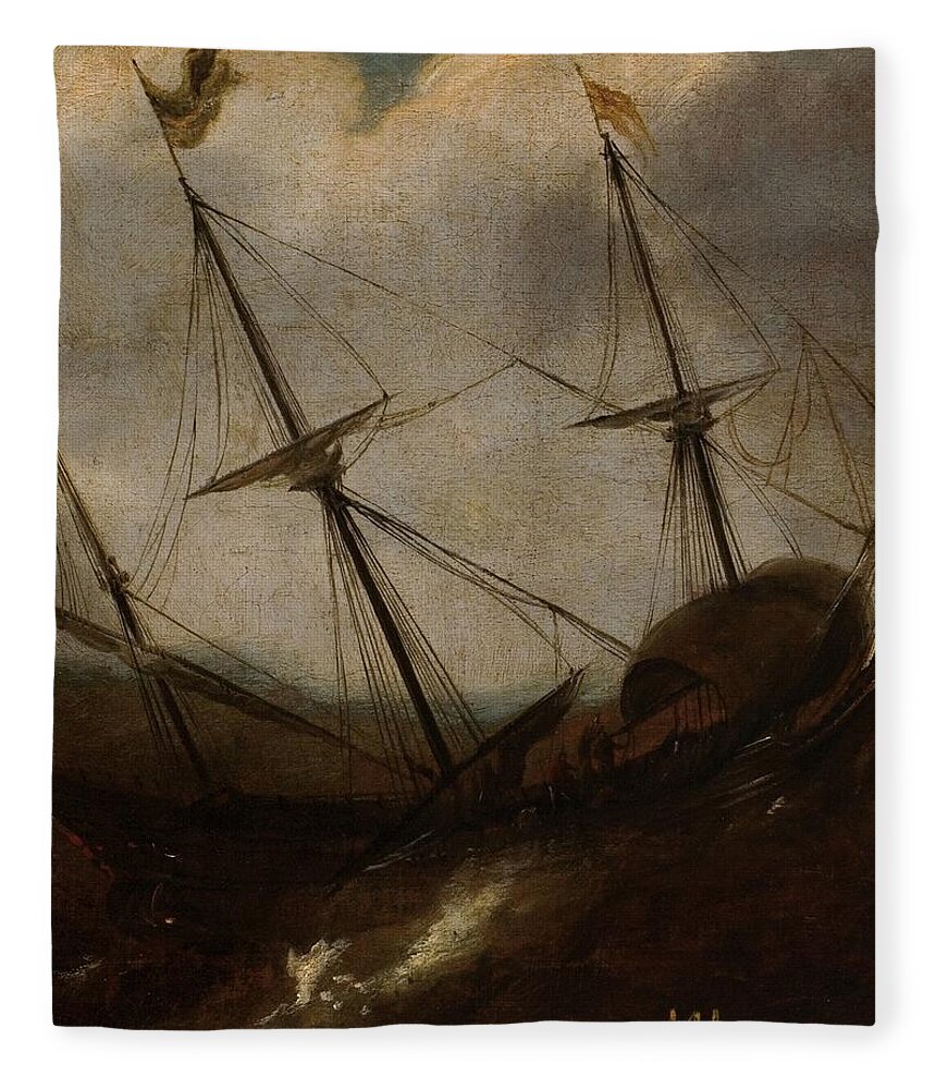 Anonymous Boat In A Storm Xvii Century. Fleece Blanket featuring the painting Anonymous by MotionAge Designs
