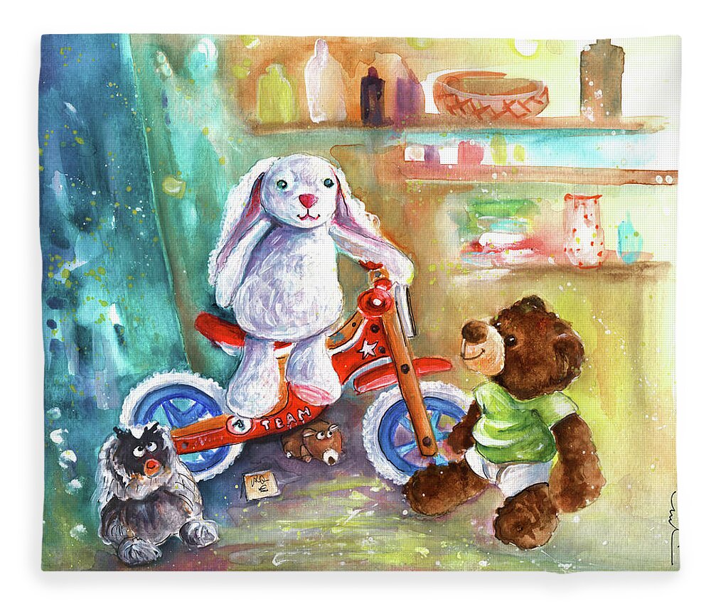 Truffle Mcfurry Fleece Blanket featuring the painting A Bike For Cousin Marlon Blanco by Miki De Goodaboom