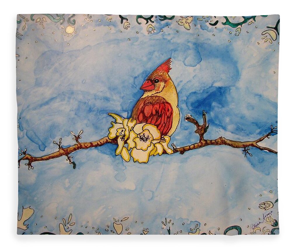 Cardinal Fleece Blanket featuring the painting A Birds Delight by Patricia Arroyo