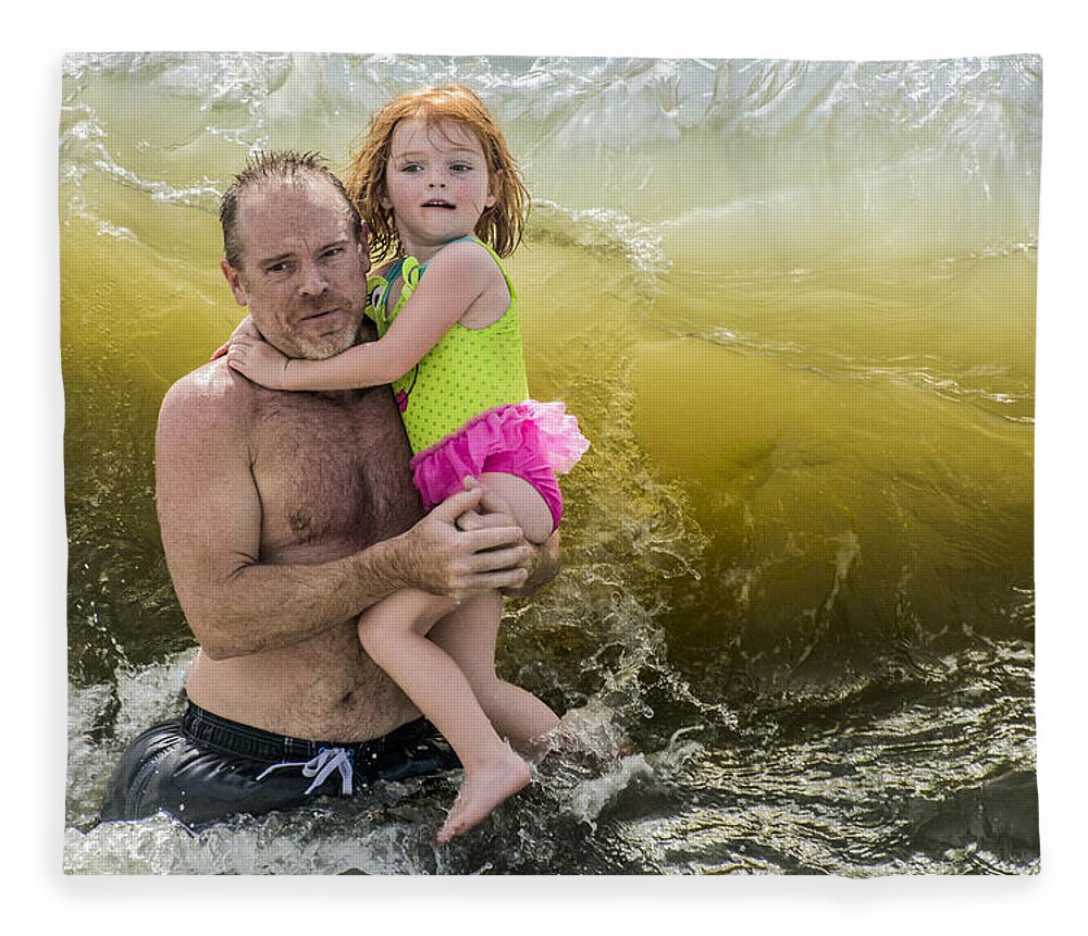 Beach Fleece Blanket featuring the photograph A Father, A Daughter, and A Big Wave by WAZgriffin Digital