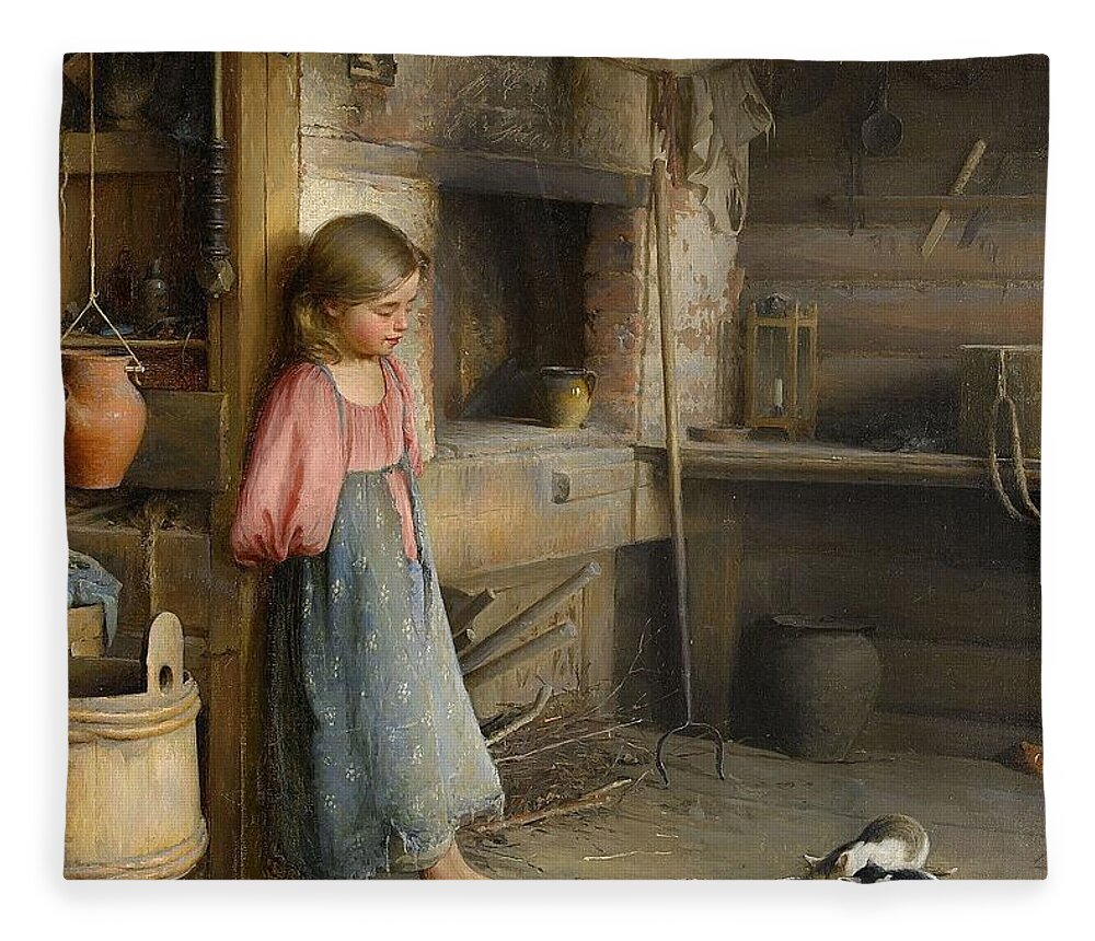 Ivan Lavrentievich Gorokhov Russia 1863-1934 A Girl With Kittens Fleece Blanket featuring the painting A girl with kittens by MotionAge Designs