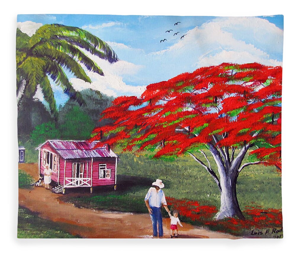 Flamboyan Fleece Blanket featuring the painting A Memorable Walk by Luis F Rodriguez