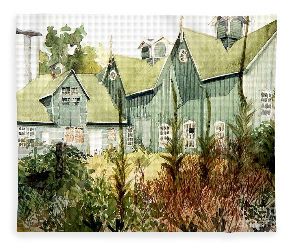Greta Corens Watercolors Fleece Blanket featuring the painting Watercolor of an old wooden barn painted green with silo in the sun by Greta Corens