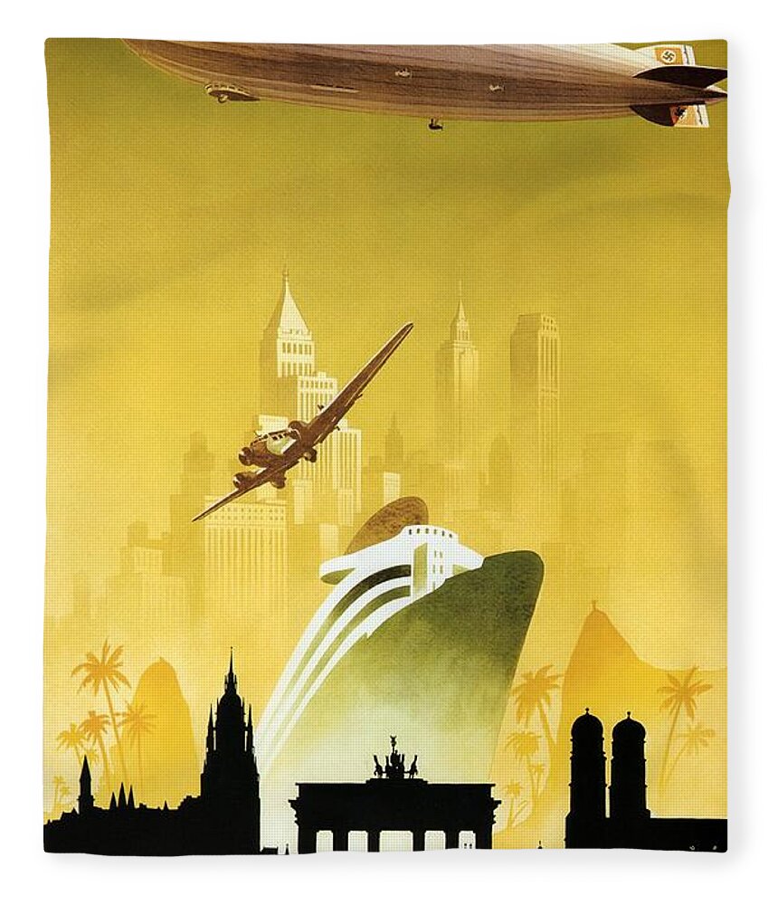 Germany Fleece Blanket featuring the photograph A Pleasant Trip To Germany - Airship, Aircraft, Ship - Retro travel Poster - Vintage Poster by Studio Grafiikka