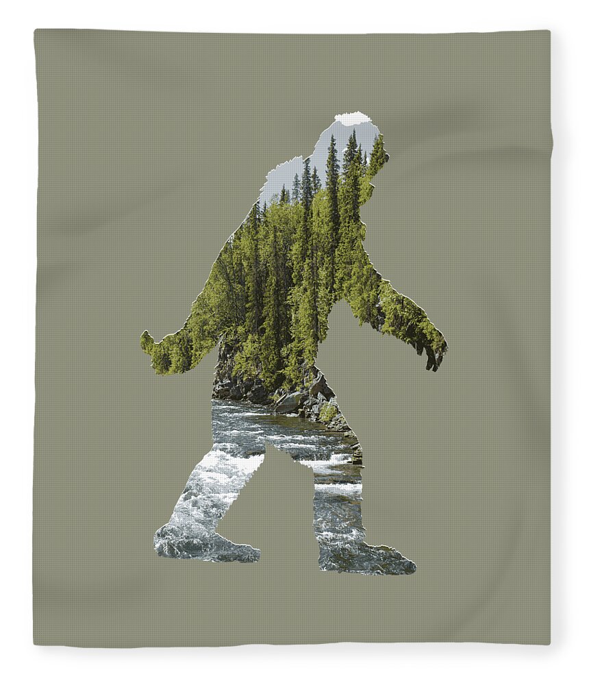 Sasquatch Fleece Blanket featuring the digital art A Sasquatch Bigfoot Silhouette in The Wild River Rapids by Garaga Designs