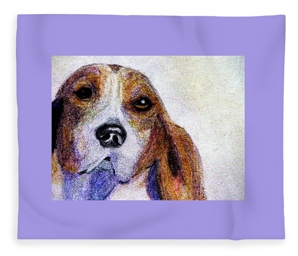 Foxhound Fleece Blanket featuring the drawing A Soulful Hound by Angela Davies