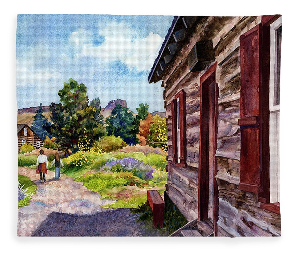 Log Cabin Painting Fleece Blanket featuring the painting A Stroll Through Time by Anne Gifford