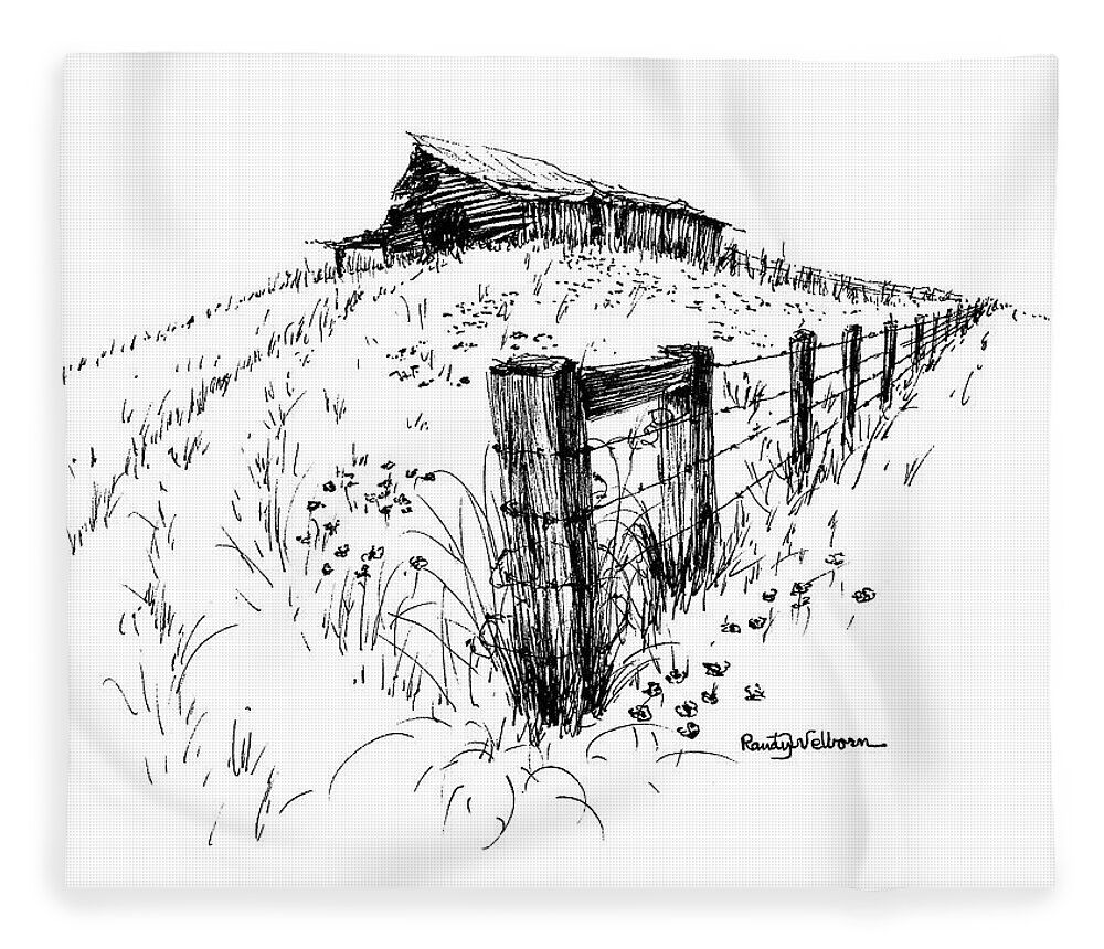 Fence Fleece Blanket featuring the drawing A Strong Fence and Weak Barn by Randy Welborn