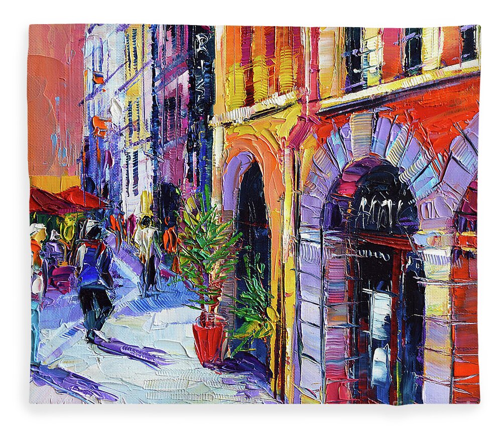 A Walk In The Lyon Old Town Fleece Blanket featuring the painting A Walk In The Lyon Old Town by Mona Edulesco