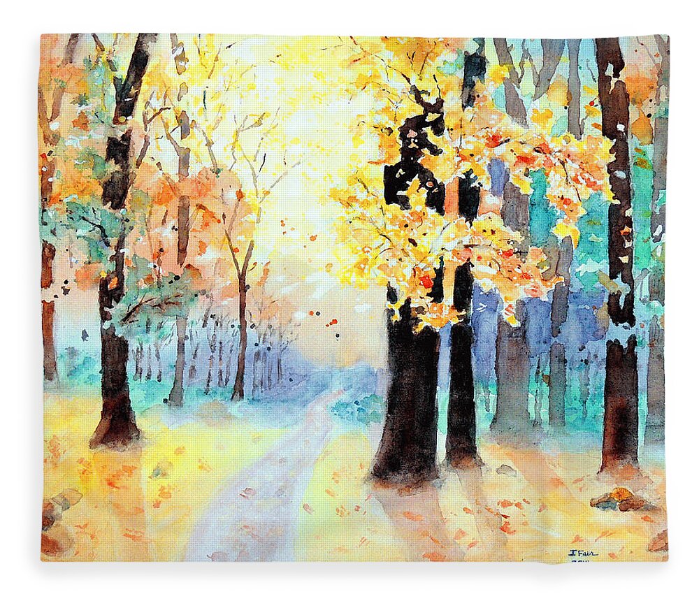 Autumn Fleece Blanket featuring the painting A Walk in the Woods by Jerry Fair