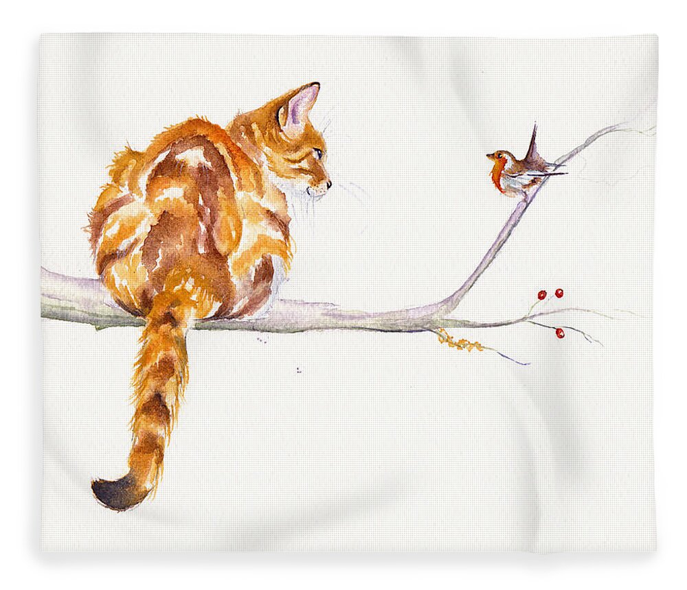Tabby Fleece Blanket featuring the painting A Winter Meeting - Ginger Cat by Debra Hall