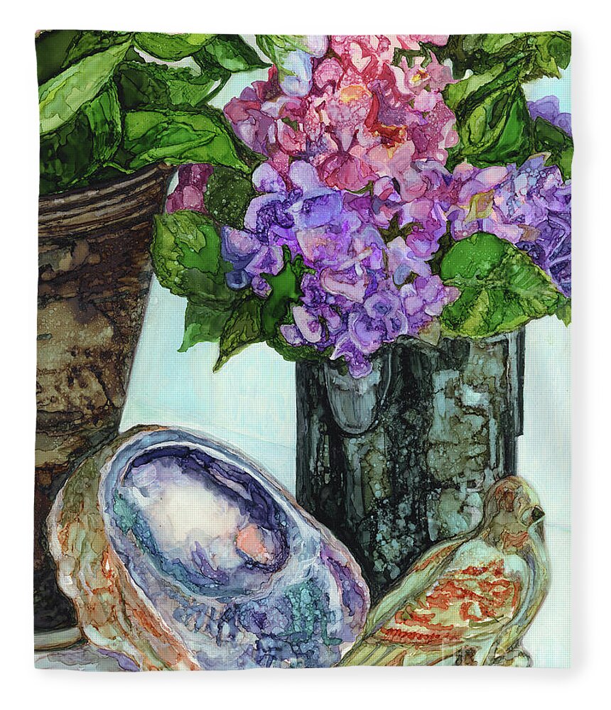 Abalone Fleece Blanket featuring the painting Abalone, Hydrangea and Bird by Vicki Baun Barry