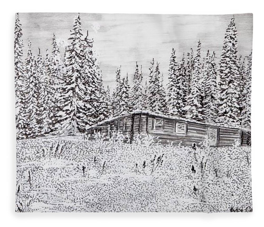 Pen And Ink Fleece Blanket featuring the drawing Abandoned Cabin by Betsy Carlson Cross
