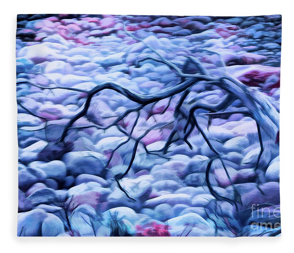 Acadia National Park Fleece Blanket featuring the photograph Abstract Claw Driftwood and Cobblestones at Cobblestone Beach, Acadia National Park by Anita Pollak