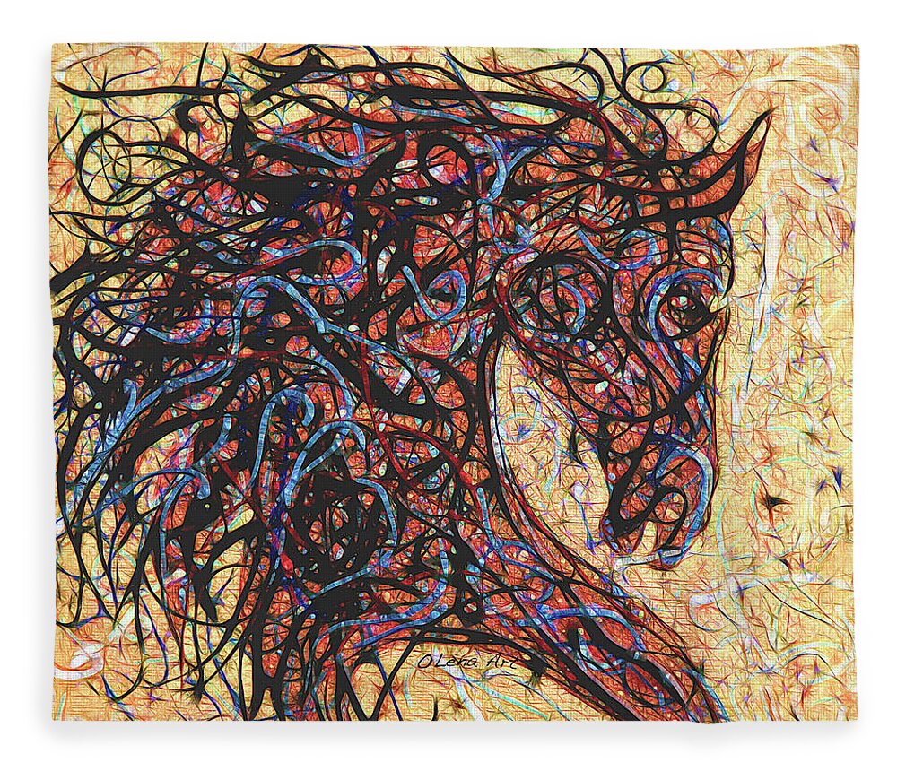  Fleece Blanket featuring the digital art Abstract Horse Digital Ink Pollock Style by Lena Owens - OLena Art Vibrant Palette Knife and Graphic Design