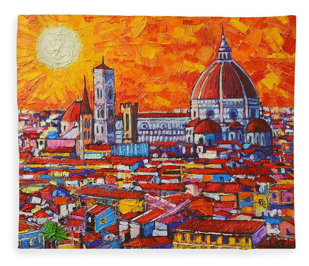 Italy Fleece Blanket featuring the painting Abstract Sunset Over Duomo In Florence Italy by Ana Maria Edulescu