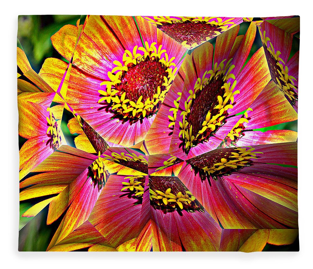Flower Fleece Blanket featuring the digital art Abstract Yellow Flame Zinnia by Kathy Kelly
