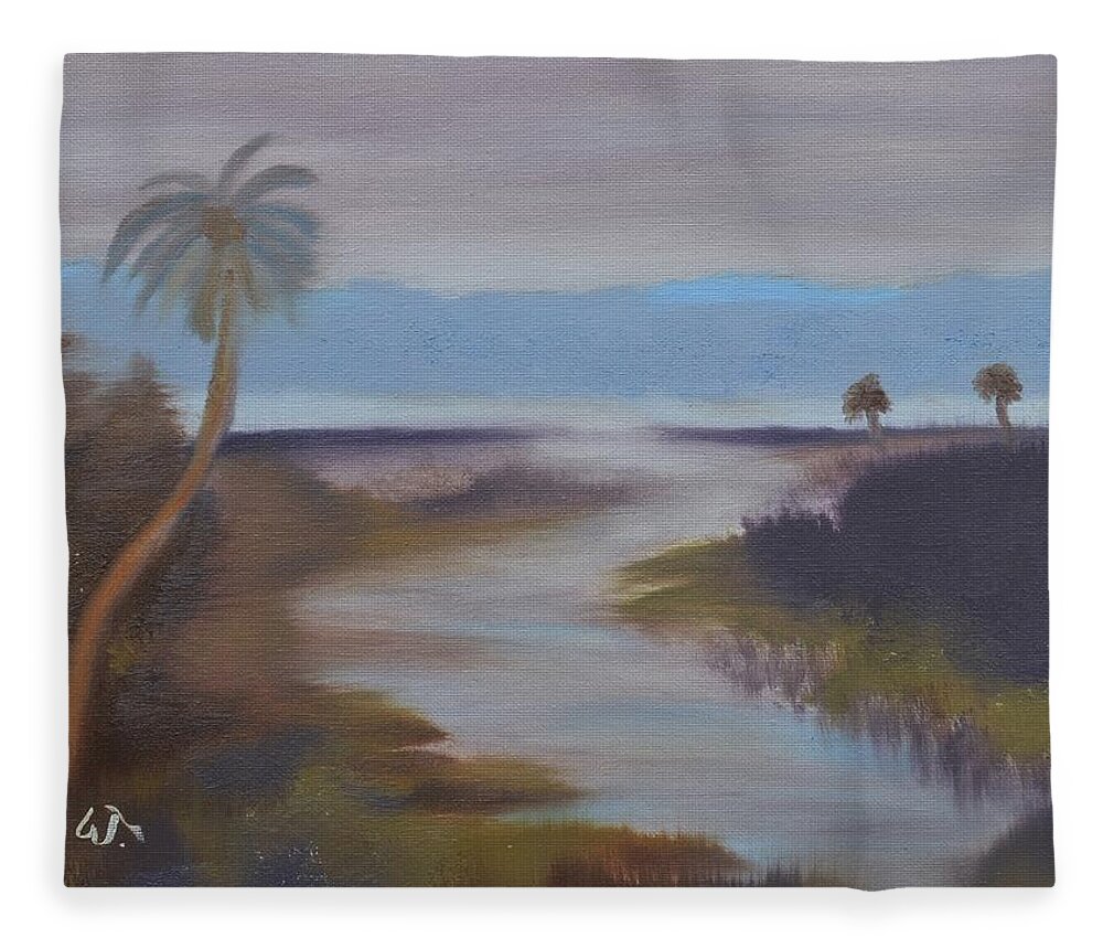 Across The Wetlands In Oil Fleece Blanket featuring the painting Across the Wetlands Oil by Warren Thompson