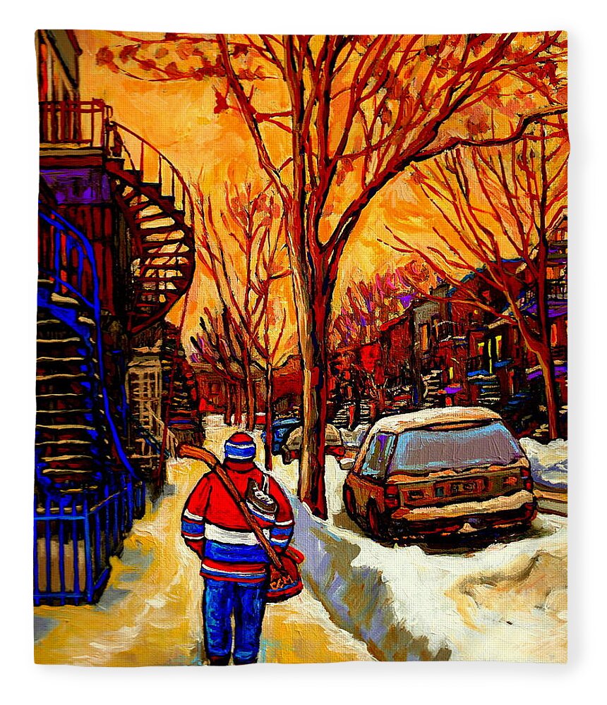 Montreal Fleece Blanket featuring the painting After The Hockey Game A Winter Walk At Sundown Montreal City Scene Painting By Carole Spandau by Carole Spandau