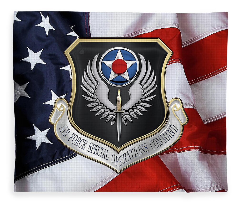 'military Insignia & Heraldry' Collection By Serge Averbukh Fleece Blanket featuring the digital art Air Force Special Operations Command - A F S O C Shield over American Flag by Serge Averbukh