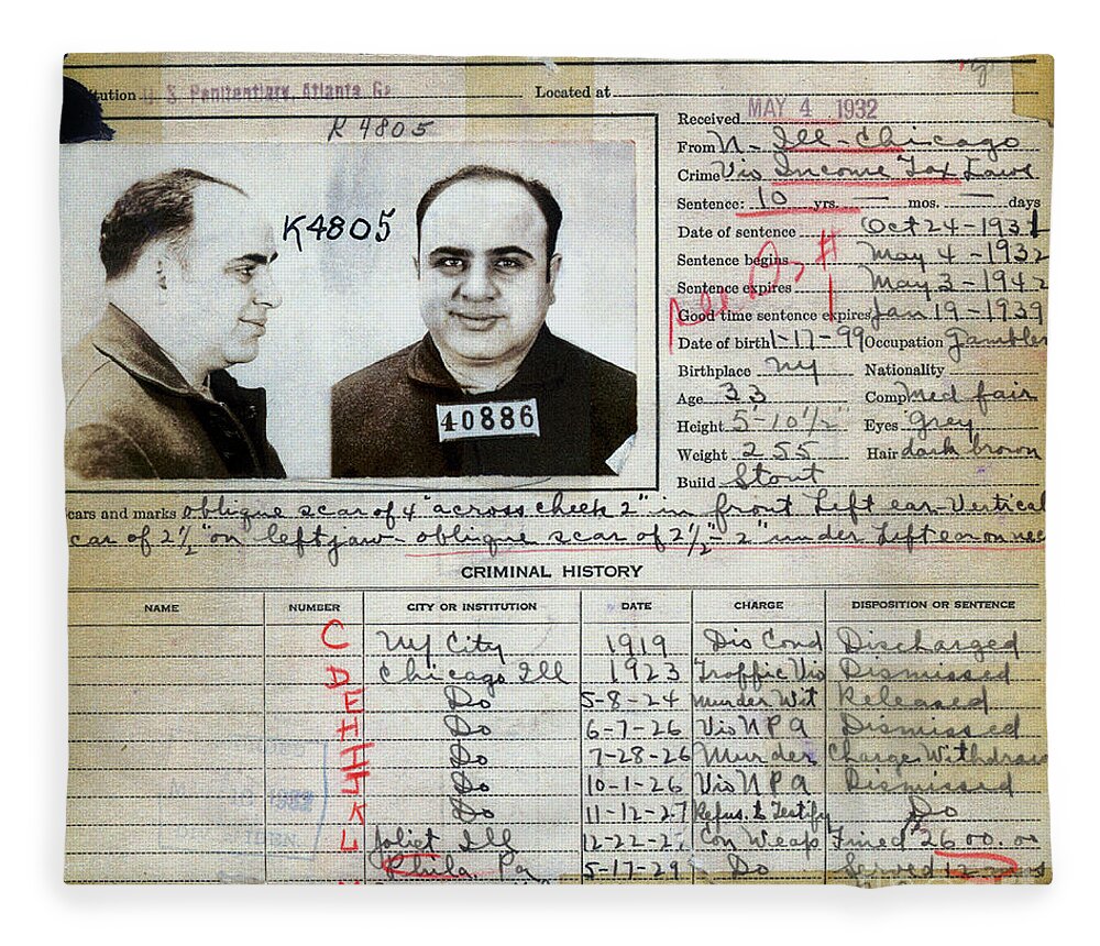 Al Capone Mugshot Fleece Blanket featuring the photograph Al Capone Mugshot and Criminal History by Jon Neidert
