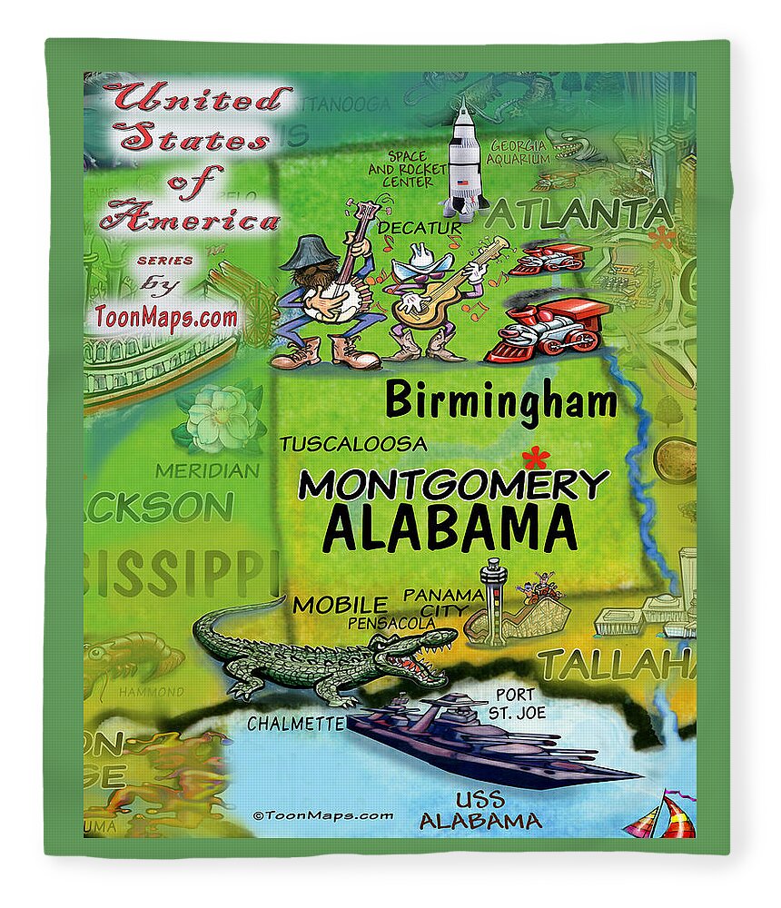 Alabama Fleece Blanket featuring the digital art Alabama Fun Map by Kevin Middleton