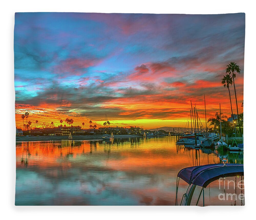 Alamitos Bay Beach Fleece Blanket featuring the photograph Alamitos Bay Fiery Sunset by David Zanzinger