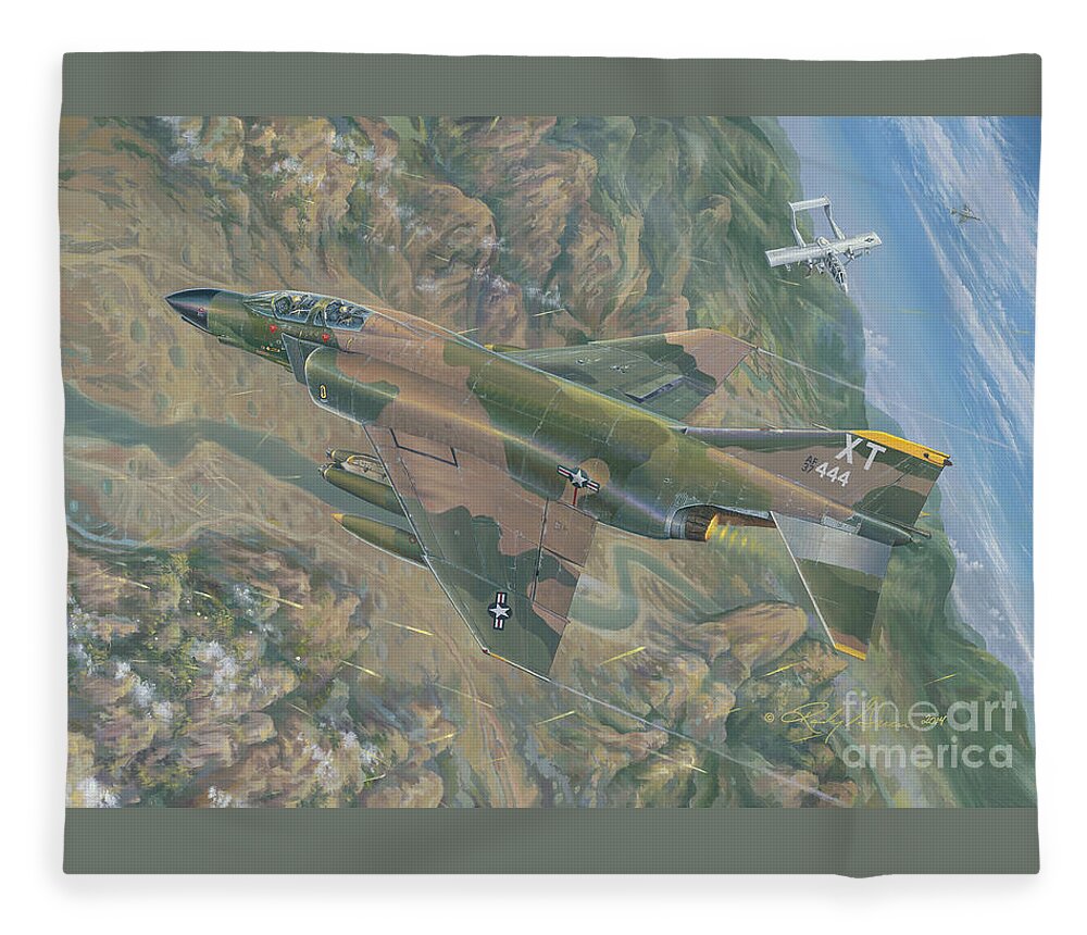 F-4c Phantom Fleece Blanket featuring the painting ALL FOR ONE  The Rescue of Boxer 22 Ban Phanop Laos 5 thru 7 December 1969 by Randy Green