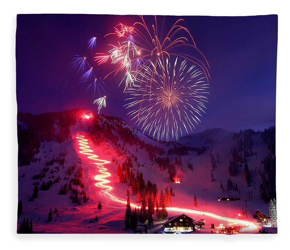 Alta Ski Utah Torchlight Fireworks Celebration Birthday Fleece Blanket featuring the photograph Alta Ski Area 75th Birthday Celebration by Brett Pelletier