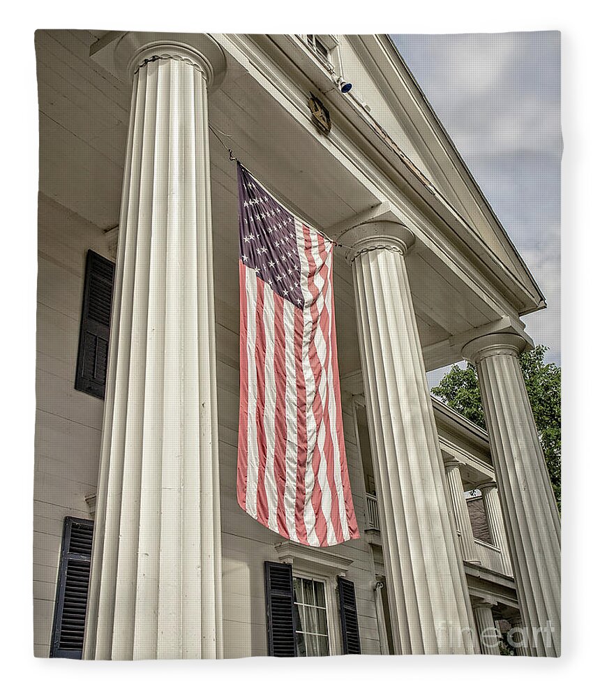 Finger Lakes Fleece Blanket featuring the photograph American Flag On Period House by Edward Fielding